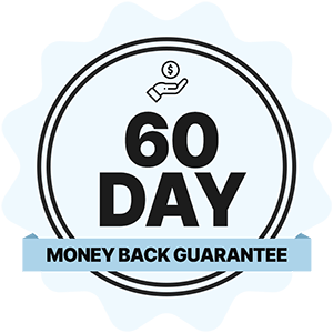 Blue 60 day money back guarantee badge with hand holding money on it