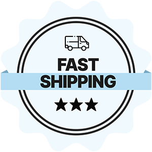 Blue fast shipping trust badge with a truck and three stars on it