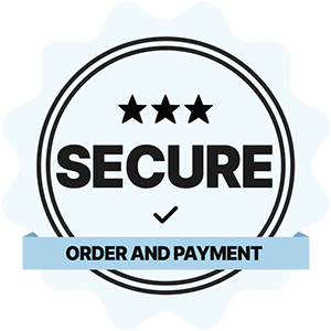 Blue secure order and payment trust badge with a check-mark and three stars on it