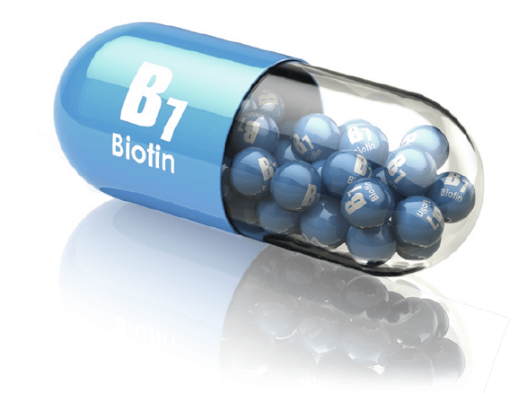 Modra kapsula z napisom B7 Biotin, notri modre kroglice z napisom B7